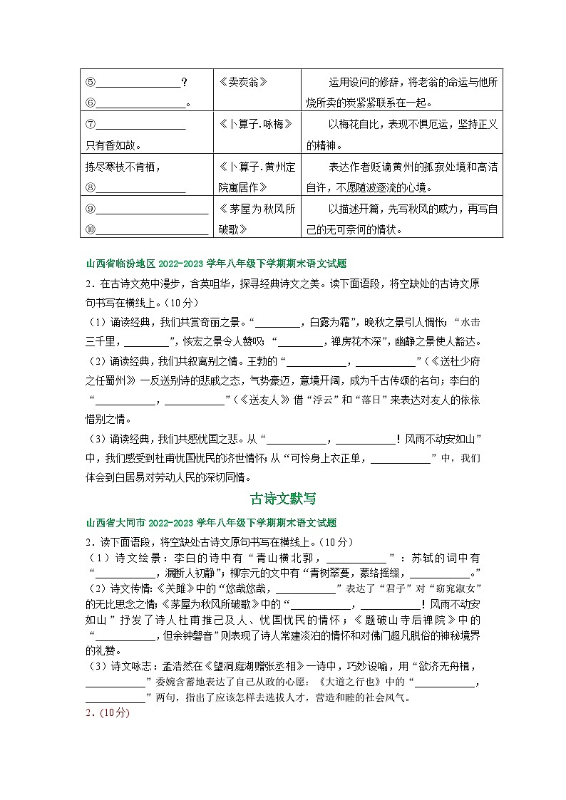 山西省部分地区2022-2023学年下学期八年级语文期末试卷汇编：古诗文默写第3页