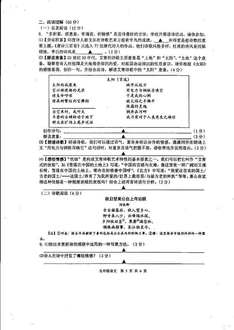 江苏扬州高邮市2020.11九年级上学期期中语文试卷及答案03