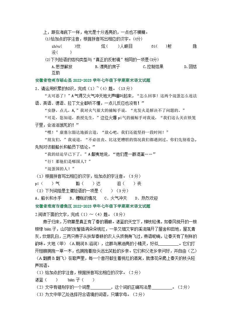安徽省部分地区2022-2023学年下学期七年级语文期末试卷汇编：基础知识第3页