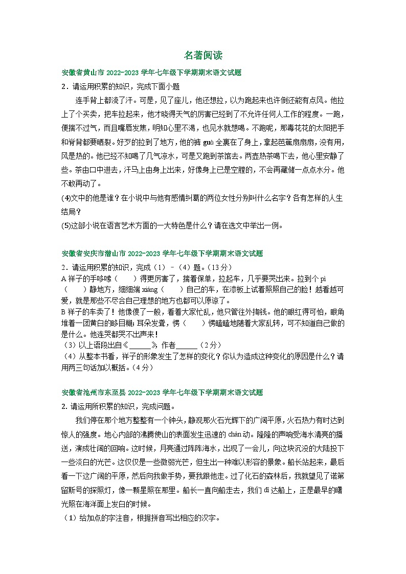 安徽省部分地区2022-2023学年下学期七年级语文期末试卷汇编：名著阅读第1页