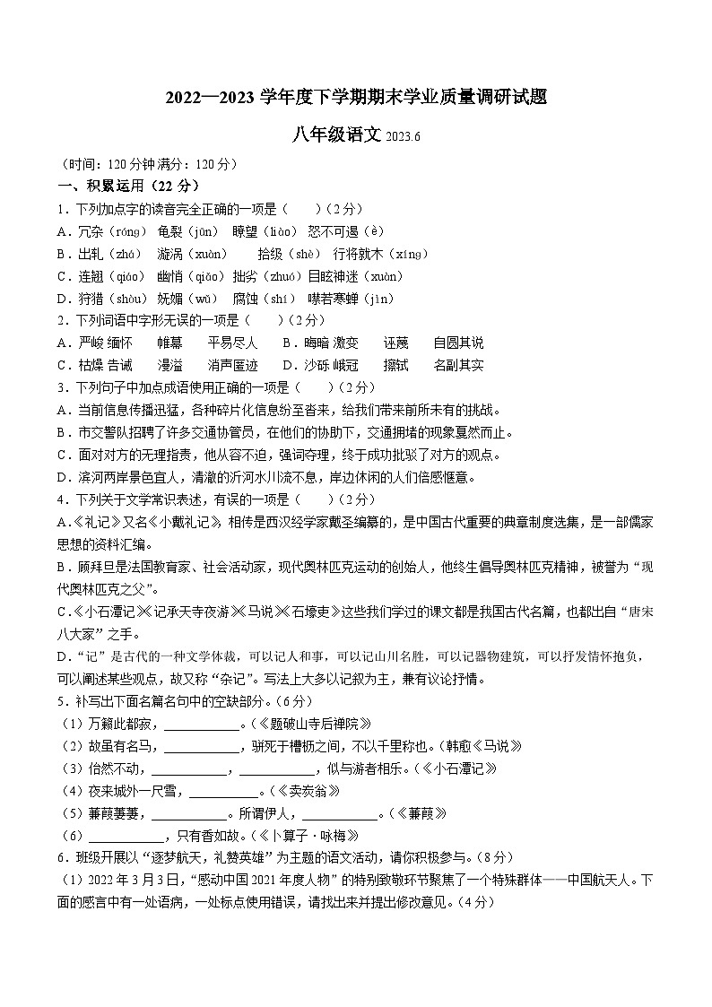 山东省临沂市罗庄区2022-2023学年八年级下学期期末语文试题（含答案）第1页
