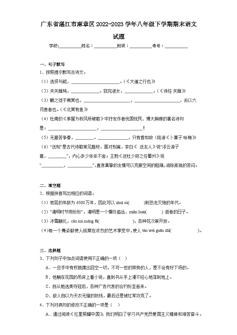 广东省湛江市麻章区2022-2023学年八年级下学期期末语文试题01