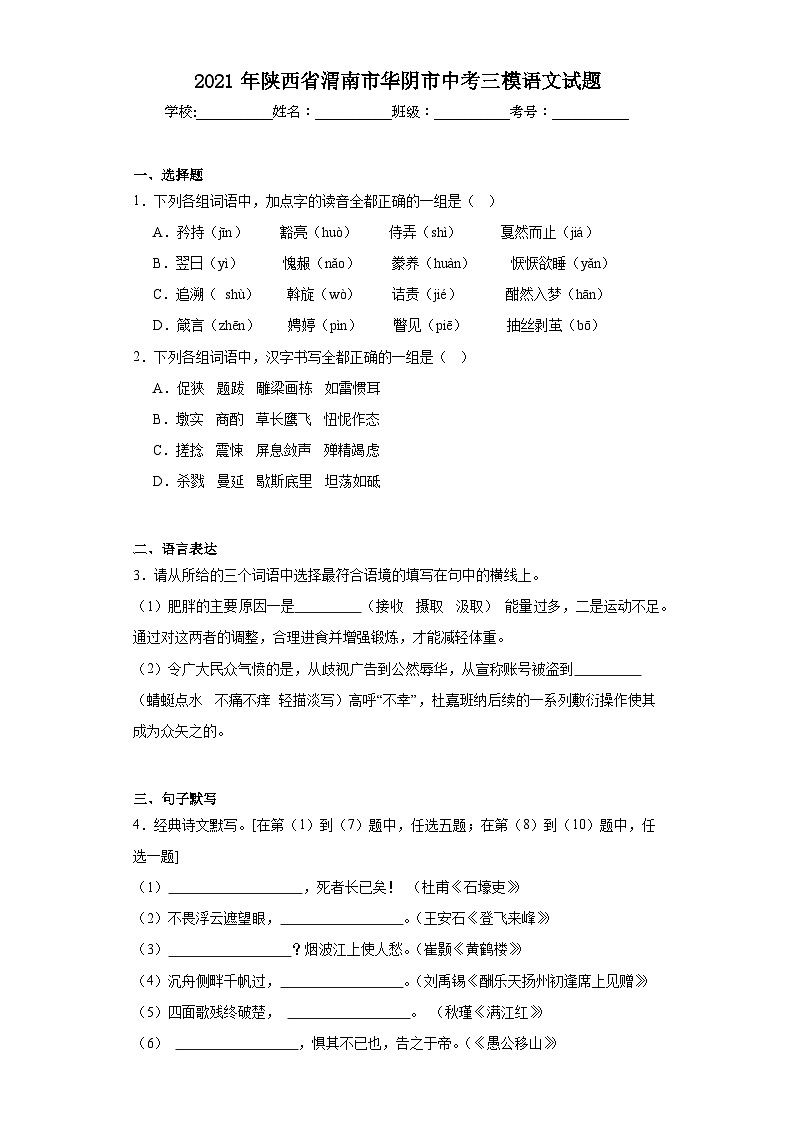 2021年陕西省渭南市华阴市中考三模语文试题（含解析）01