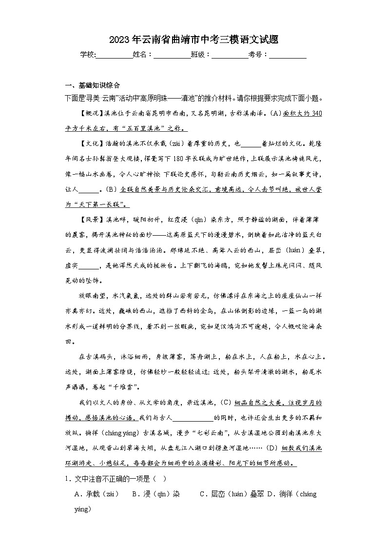 2023年云南省曲靖市中考三模语文试题（含解析）01