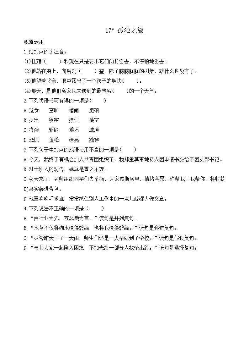 部编版九上语文 17 孤独之旅 课件+教案+练习01