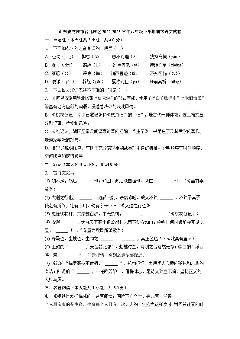山东省枣庄市台儿庄区2022-2023学年八年级下学期期末语文试卷（解析版）第1页