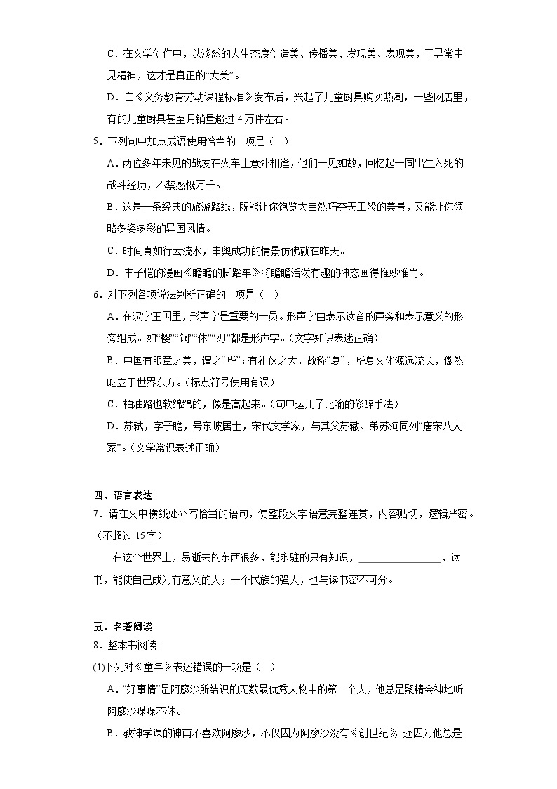 山东省烟台市芝罘区（五四制）2022-2023学年六年级上学期期末语文试题（含答案）02