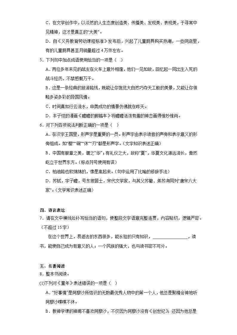 山东省烟台市芝罘区（五四制）2022-2023学年六年级上学期期末语文试题（含答案）02