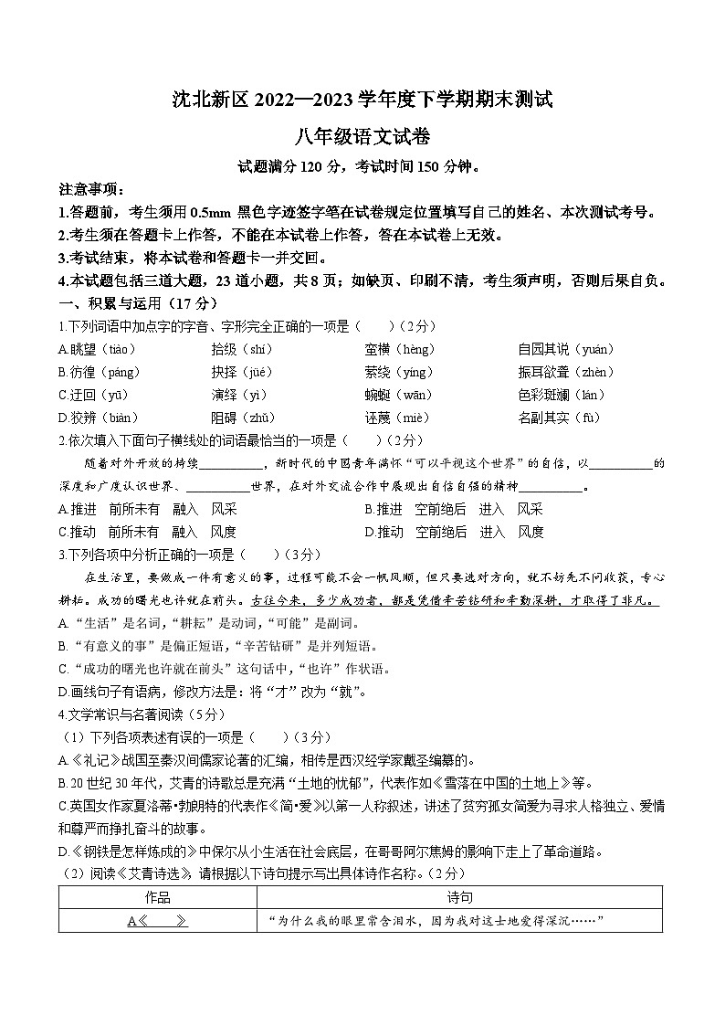 辽宁省沈阳市沈北新区2022-2023学年八年级下学期期末语文试题第1页