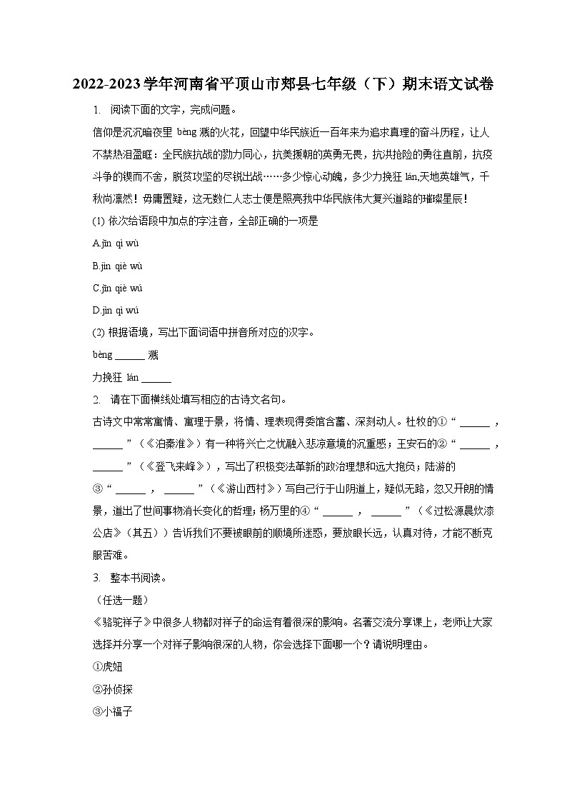 2022-2023学年河南省平顶山市郏县七年级（下）期末语文试卷（含解析）第1页