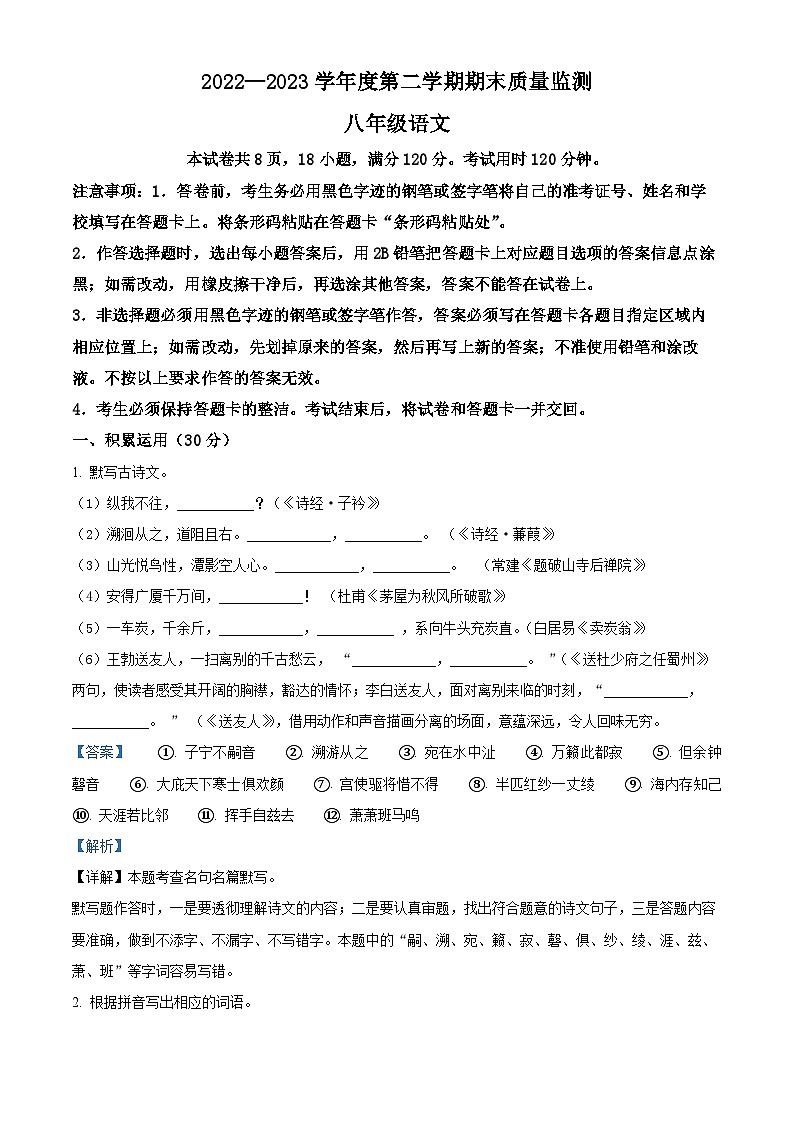 精品解析：广东省阳江市阳西县2022-2023学年八年级下学期期末语文试题（解析版）01