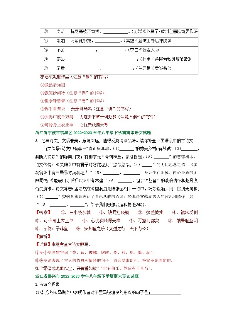 浙江省部分地区2022-2023学年下学期八年级语文期末试卷汇编：古诗文默写02