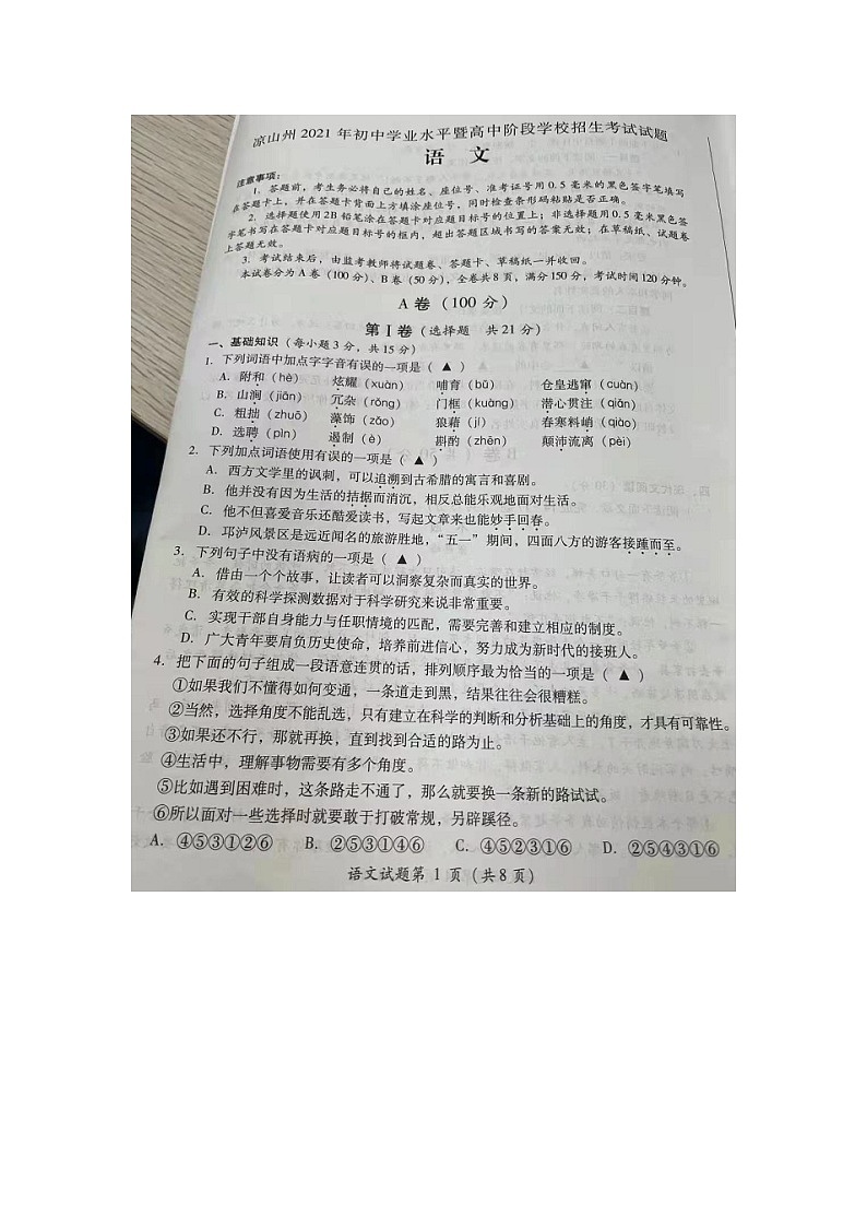 _2021年四川凉山中考语文真题及答案01