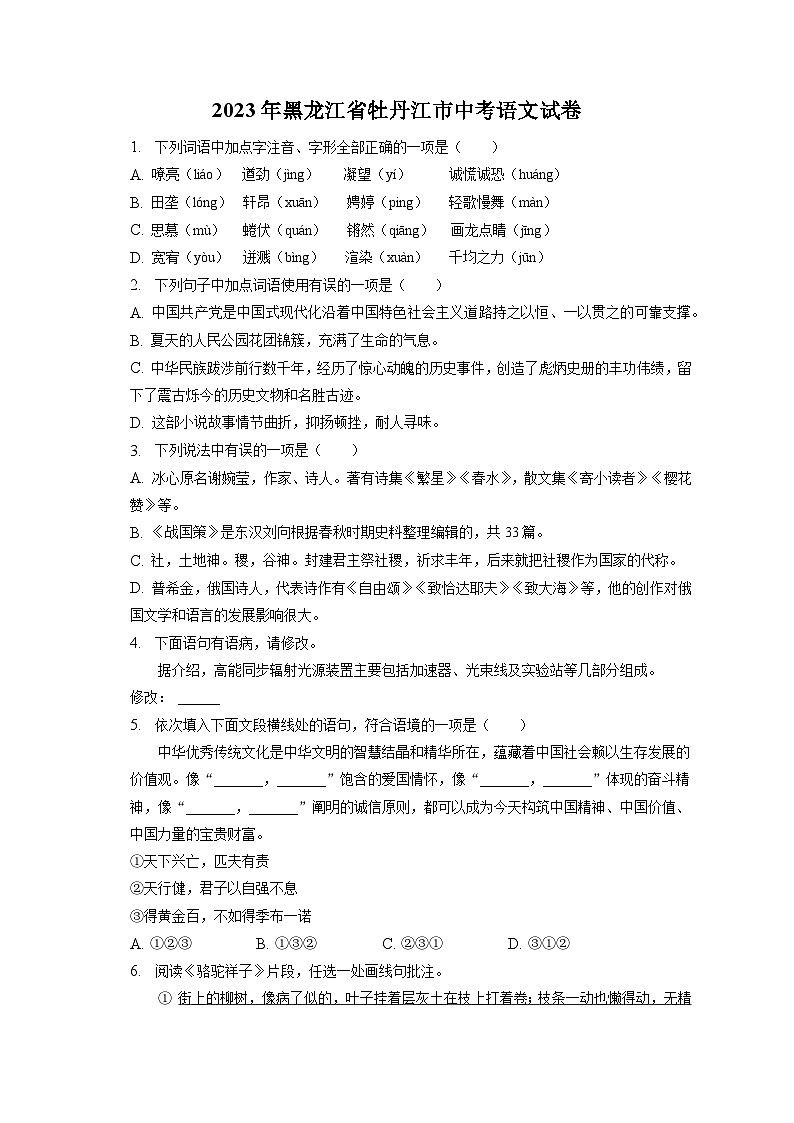 2023年黑龙江省牡丹江市中考语文试卷（含答案解析）01