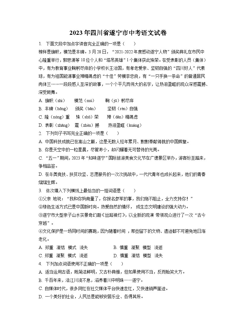 2023年四川省遂宁市中考语文试卷（含答案解析）01
