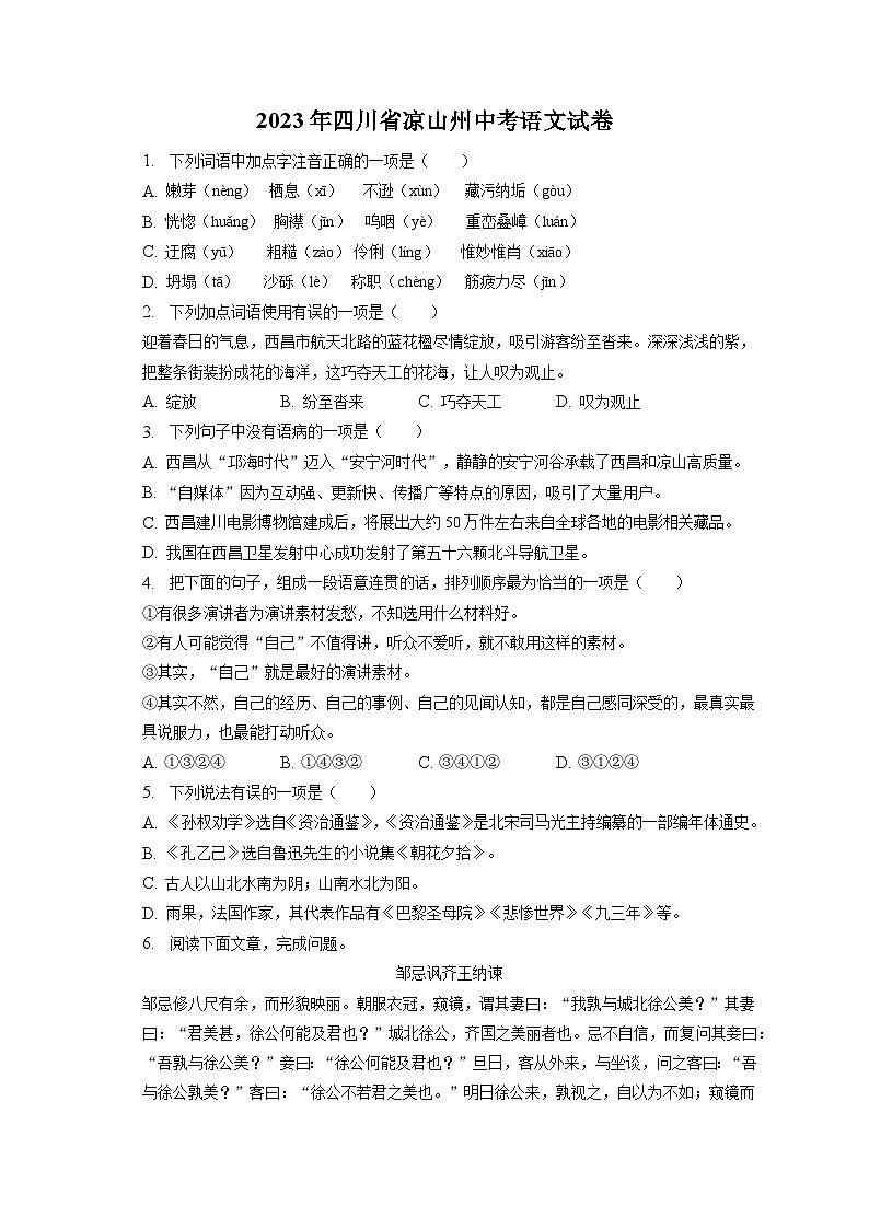 2023年四川省凉山州中考语文试卷（含答案解析）01