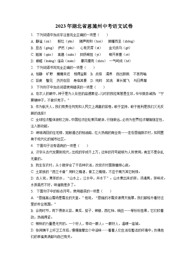 2023年湖北省恩施州中考语文试卷（含答案解析）01