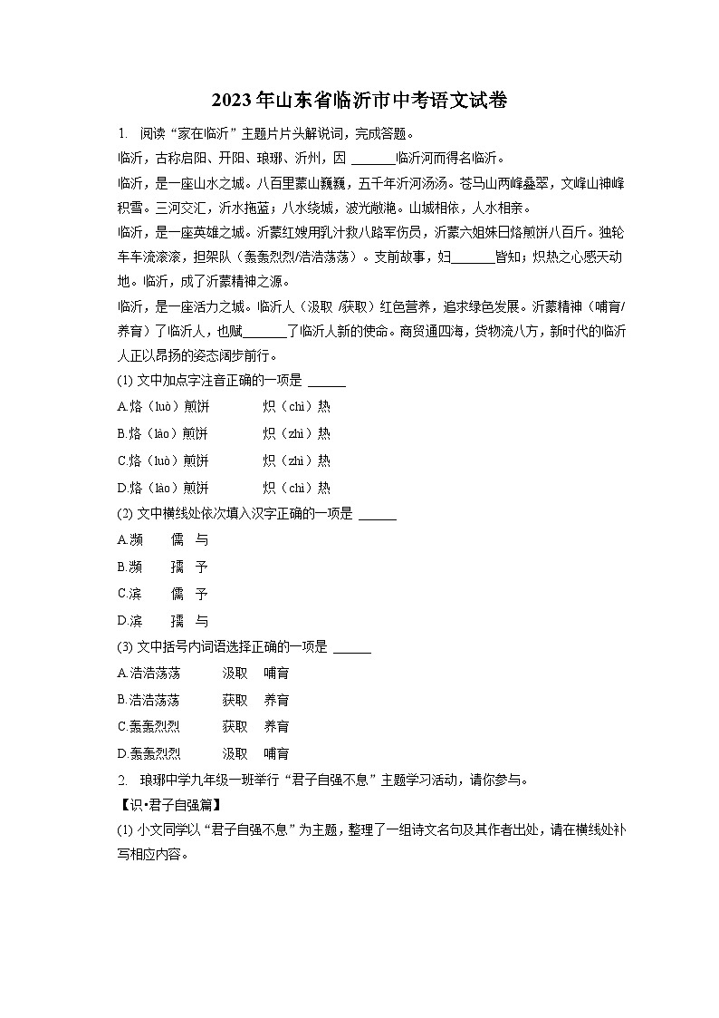 2023年山东省临沂市中考语文试卷（含答案解析）01