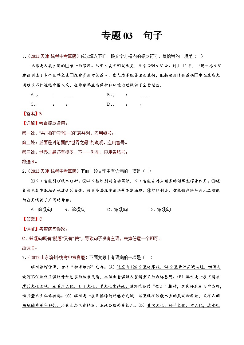 2023年中考语文真题分类汇编——专题03  句子（全国通用）01