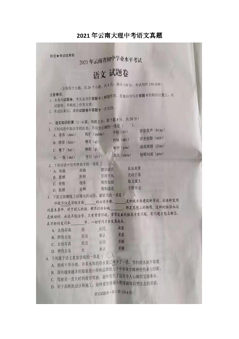 _2021年云南大理中考语文真题01