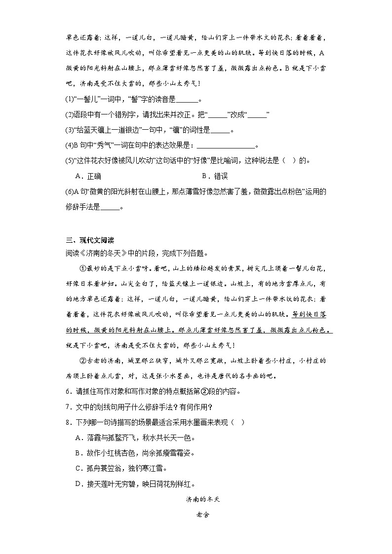 2.济南的冬天-2023-2024学年七年级语文上册同步练习（原卷版）第2页
