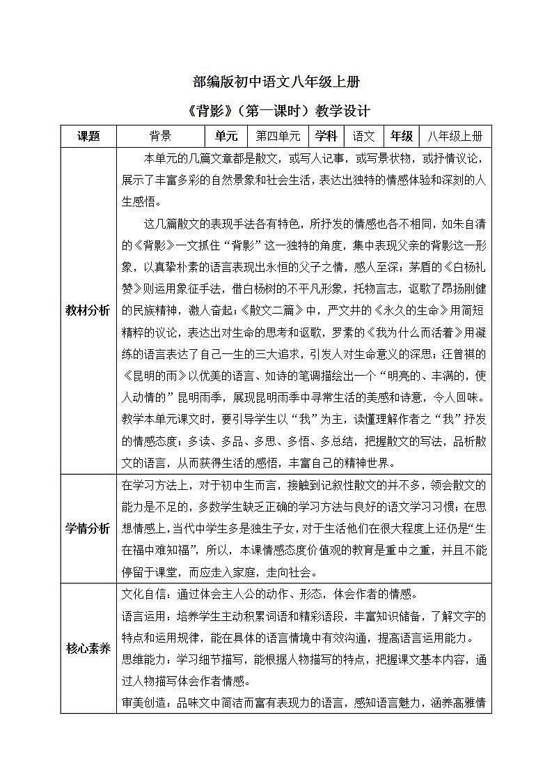 【核心素养目标】人教部编版初中语文八年级上册 14.《背影》第一课时 教案第1页