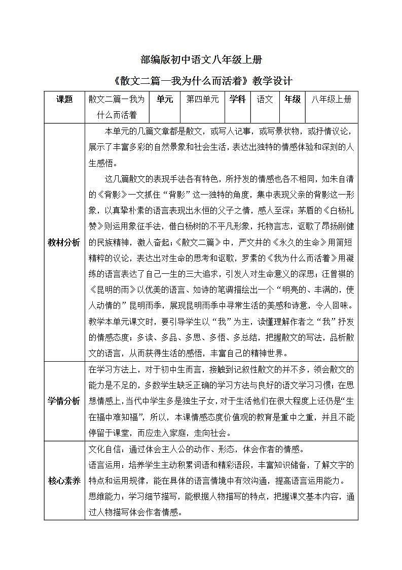 【核心素养目标】人教部编版初中语文八年级上册 《散文二篇-我为什么而活着》第二课时 课件+教案+同步分层练习（含答案）01