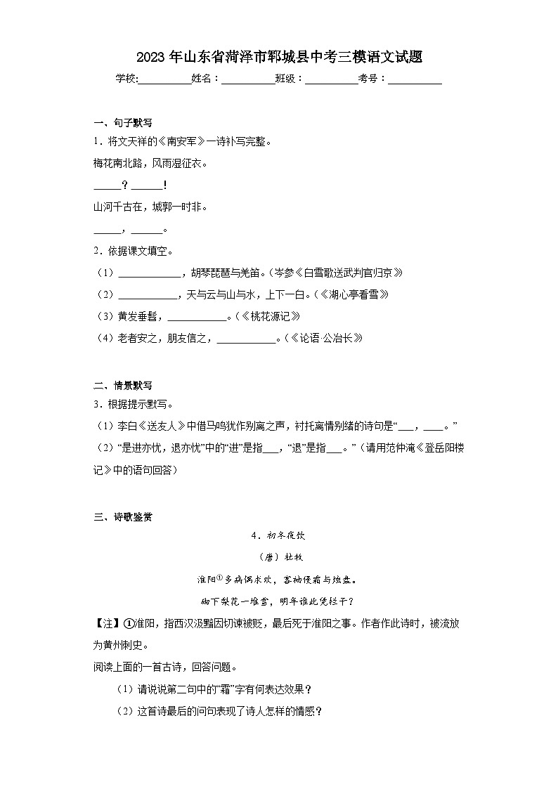 2023年山东省菏泽市郓城县中考三模语文试题（含解析）01
