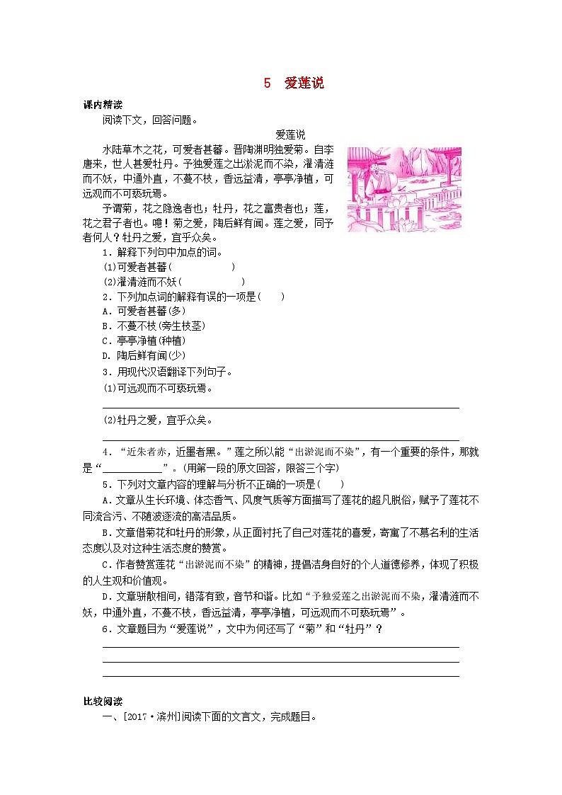 部编版七年级语文下册 文言文阅读5爱莲说 专项训练（含答案）第1页