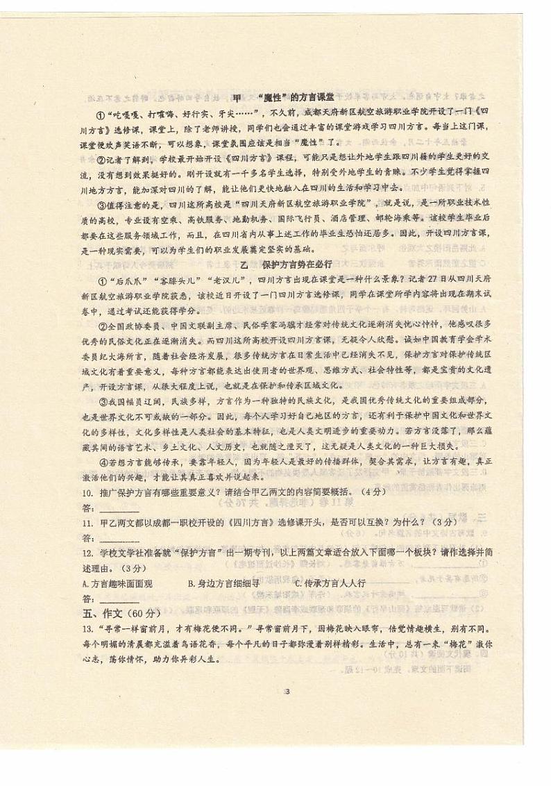 四川省成都市实验外国语学校2022-2023学年九年级上学期期末考试语文试题第3页