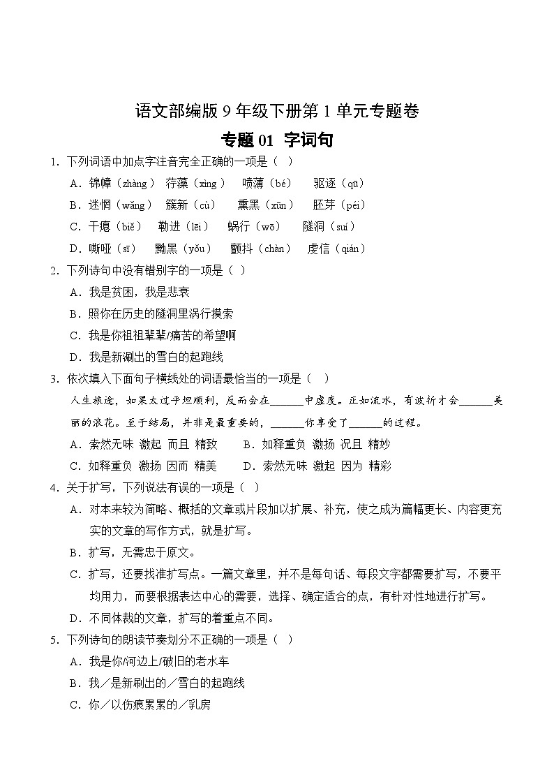 语文部编版9年级下册第1单元专题卷01 字词句第2页