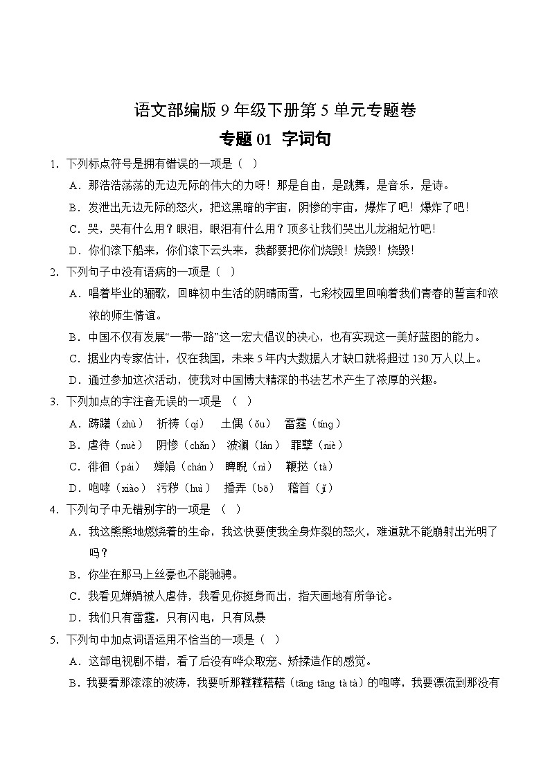 语文部编版9年级下册第5单元专题卷01 字词句第2页