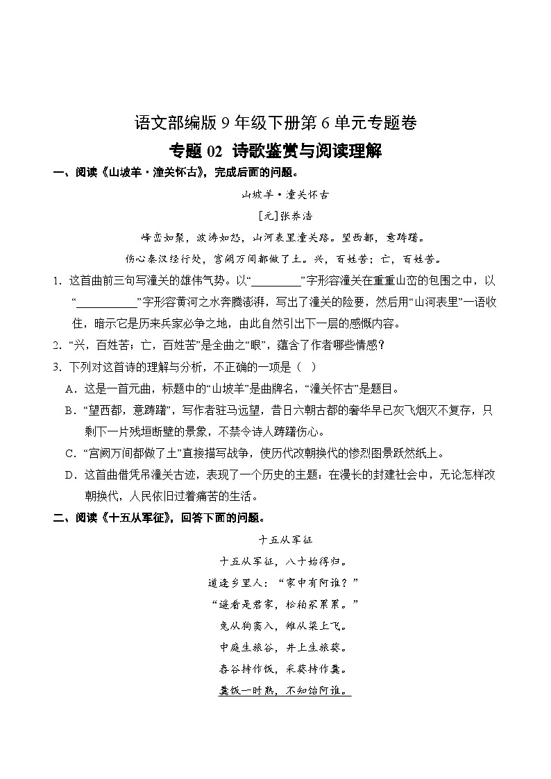 语文部编版9年级下册第6单元专题卷02 诗歌鉴赏与阅读理解第2页