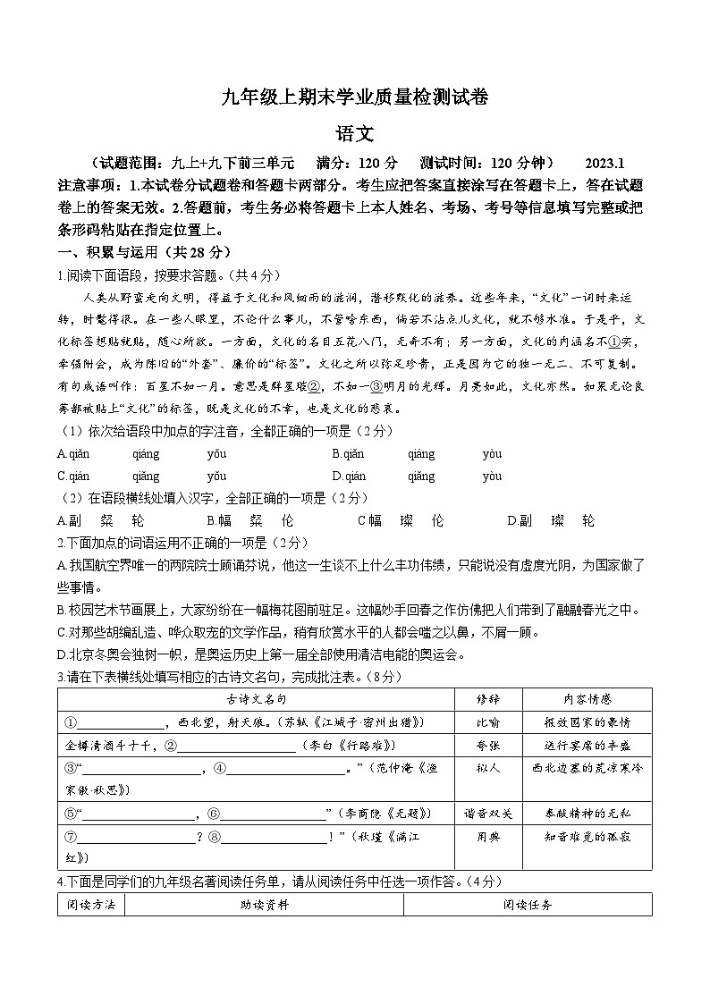 河南省安阳市汤阴县2022-2023学年九年级上学期期末语文试题01