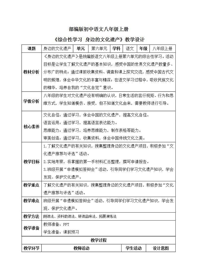 【核心素养目标】人教部编版初中语文八年级上册 《综合性学习 身边的文化遗产》 课件+教案+同步分层练习（含答案）01