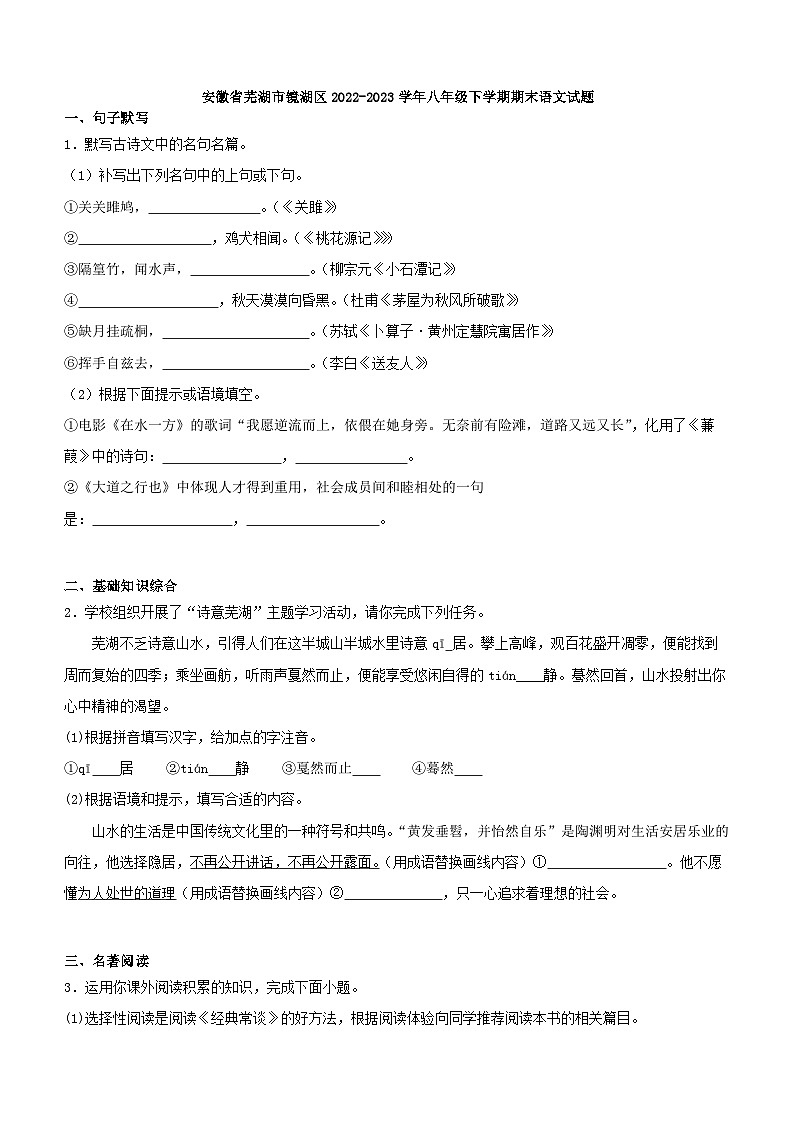 安徽省芜湖市镜湖区2022-2023学年八年级下学期期末语文试题（解析版）01