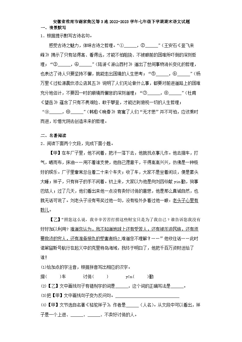 安徽省淮南市谢家集区等3地2022-2023学年七年级下学期期末语文试题（解析版）01