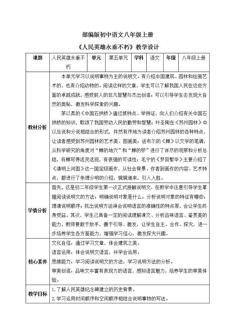 【核心素养目标】人教部编版初中语文八年级上册 《人民英雄永垂不朽》课件+教案+同步分层练习（含答案）01