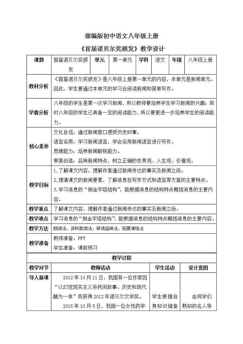 【核心素养目标】人教部编版初中语文八年级上册 《首届诺贝尔奖颁发 》课件+教案+同步分层练习（含答案）01