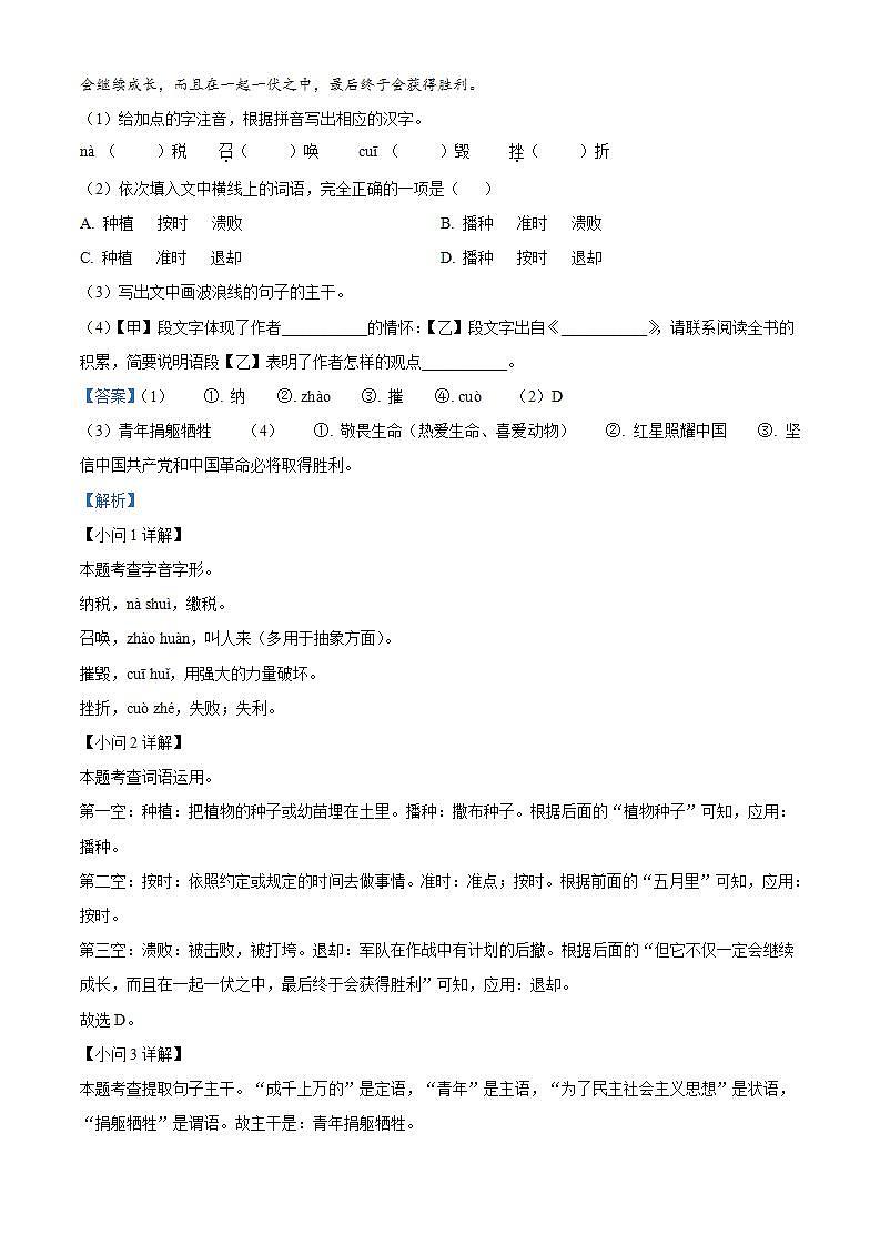 安徽省芜湖市无为市2022-2023学年八年级上学期期末语文试题（解析版）02