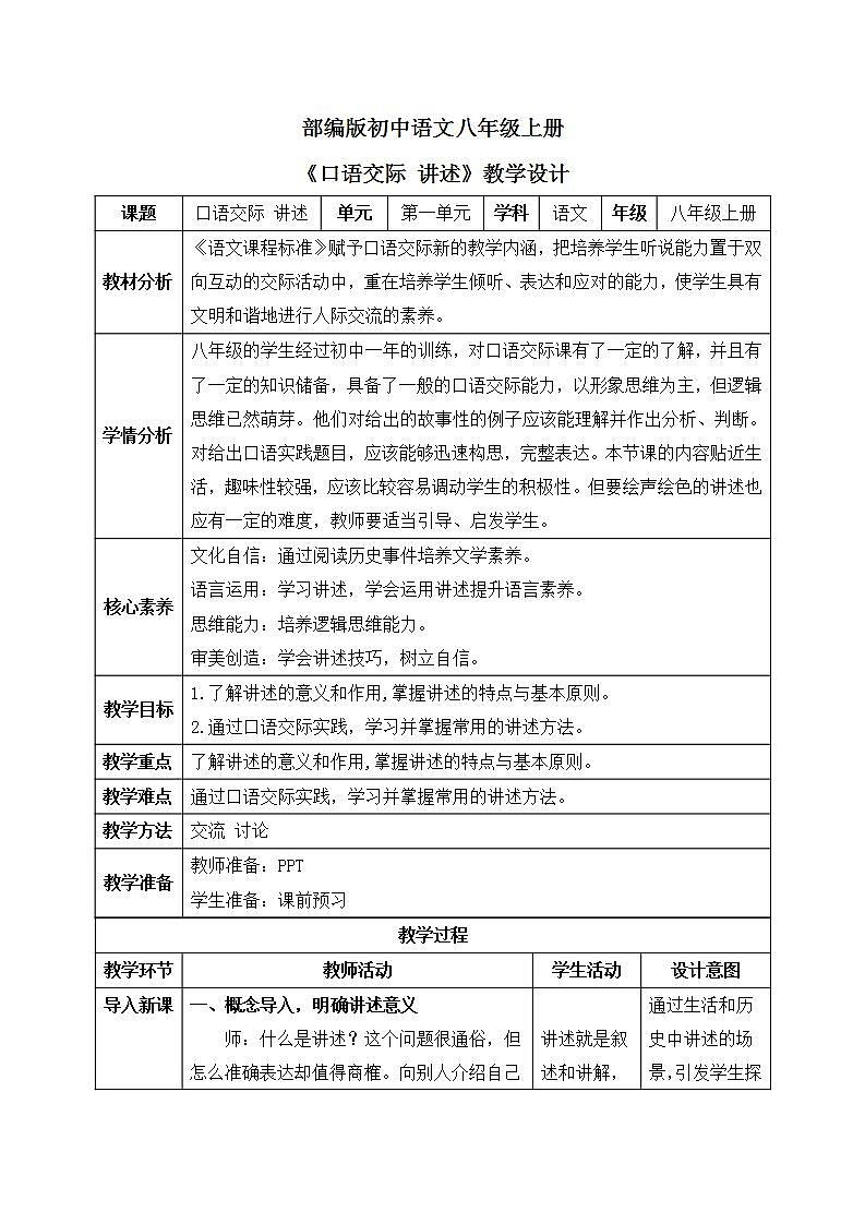【核心素养目标】人教部编版初中语文八年级上册 《口语交际 讲述》课件+教案+同步分层练习（含答案）01