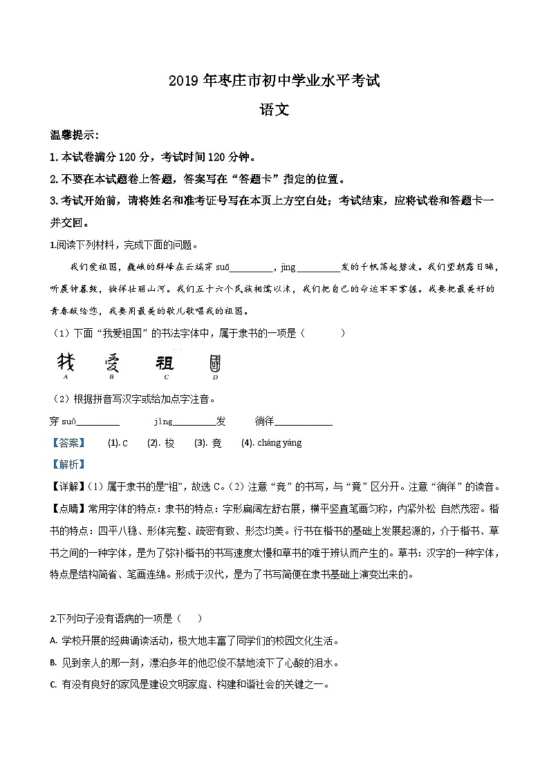 12 山东省枣庄市2019年中考语文试题（解析版）01