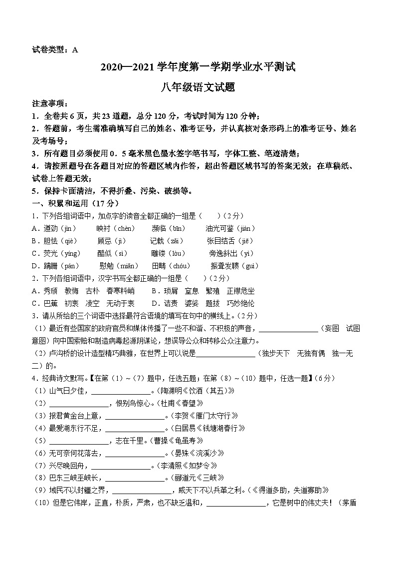 陕西省西安市西咸新区空港新城2020-2021学年八年级上学期期末语文试题01