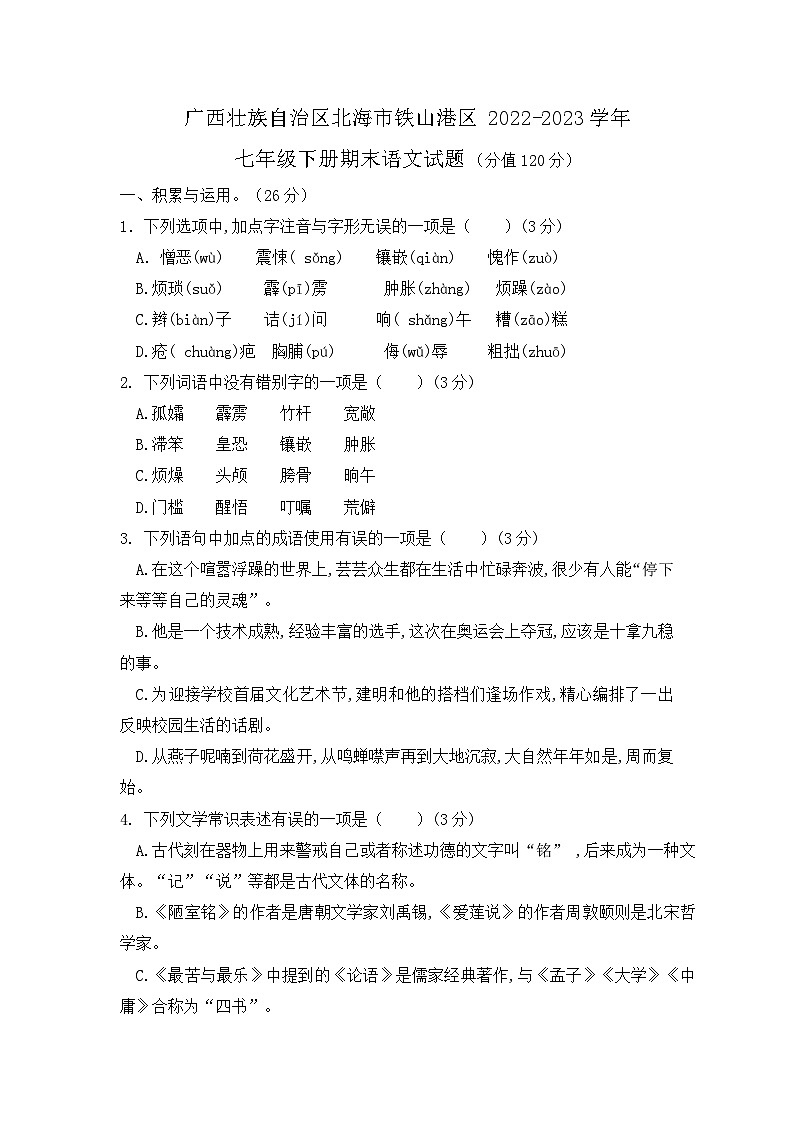 广西壮族自治区北海市铁山港区2022-2023学年七年级下学期语文期末测试卷（文字版含答案解析）01