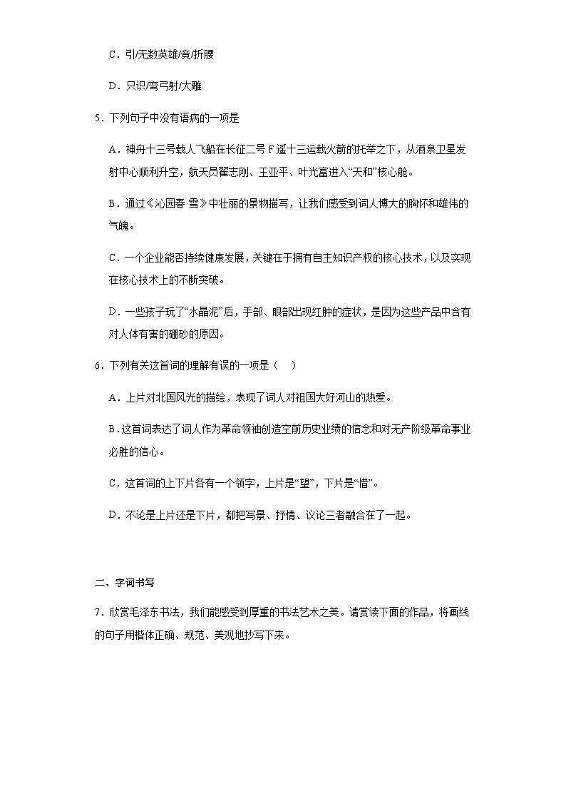 【同步一课一练】部编版语文九年级上册-1.沁园春雪 一课一练（含答案）02