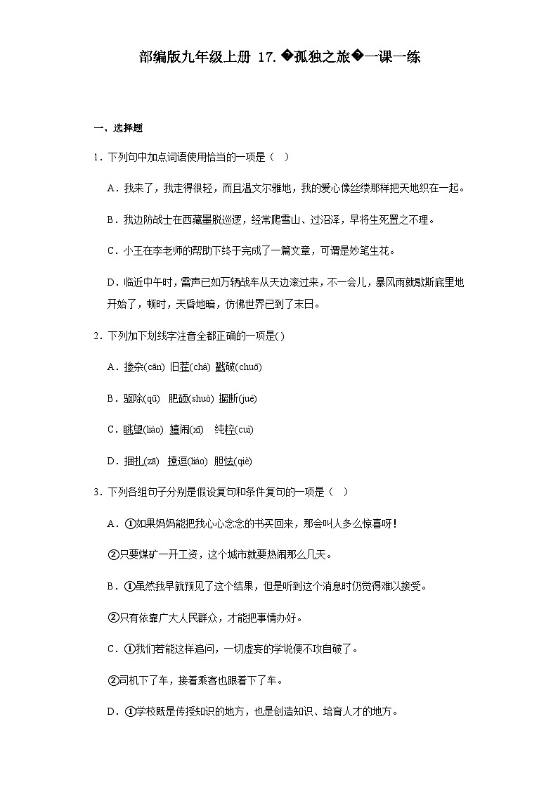 【同步一课一练】部编版语文九年级上册-17.孤独之旅一课一练（含答案）01