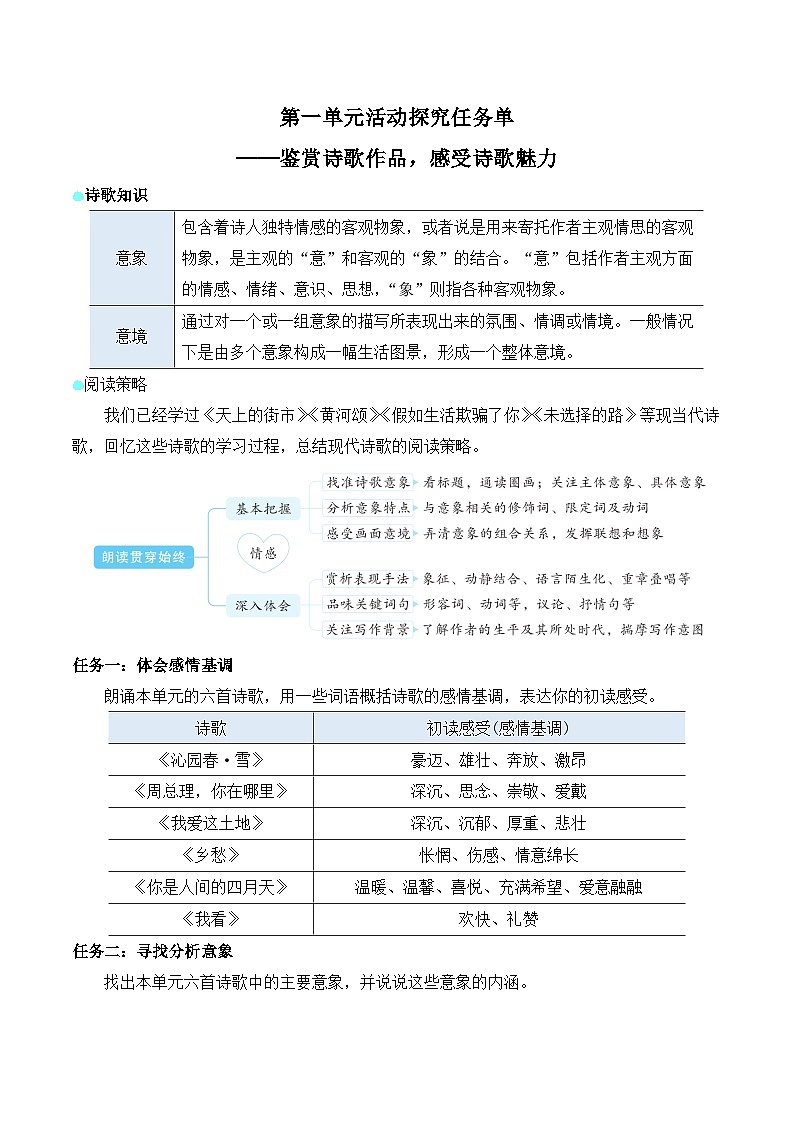 【同步教案】部编版语文九年级上册-第一单元活动探究任务单（含答案） 教案01
