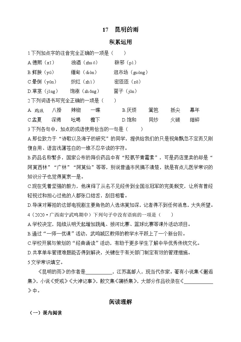 统编版（五四学制）语文 八年级上册 17  昆明的雨 （含答案） 试卷01