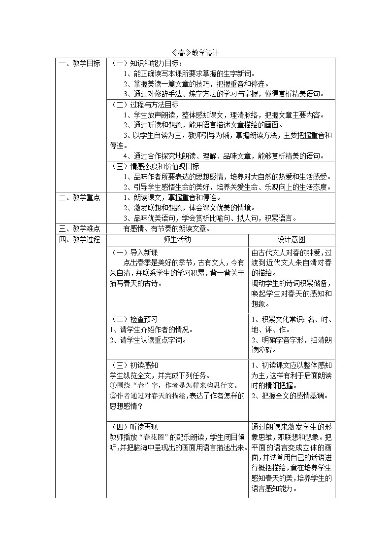 人教部编版（五四学制） 初中语文 七年级上册 1《春》教学设计+音频+课件01