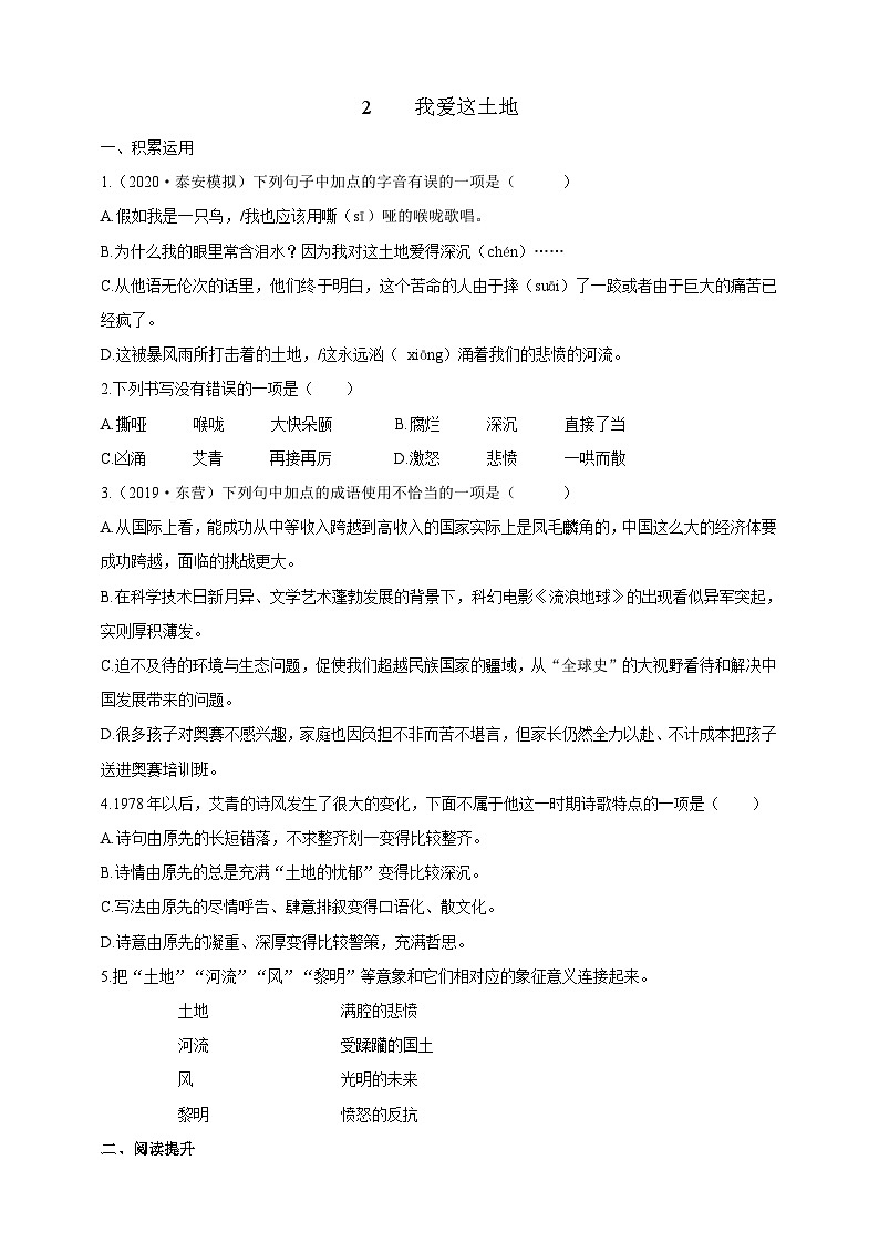 统编版（五四学制）语文九年级上册 2 我爱这土地 同步练习（含答案）01
